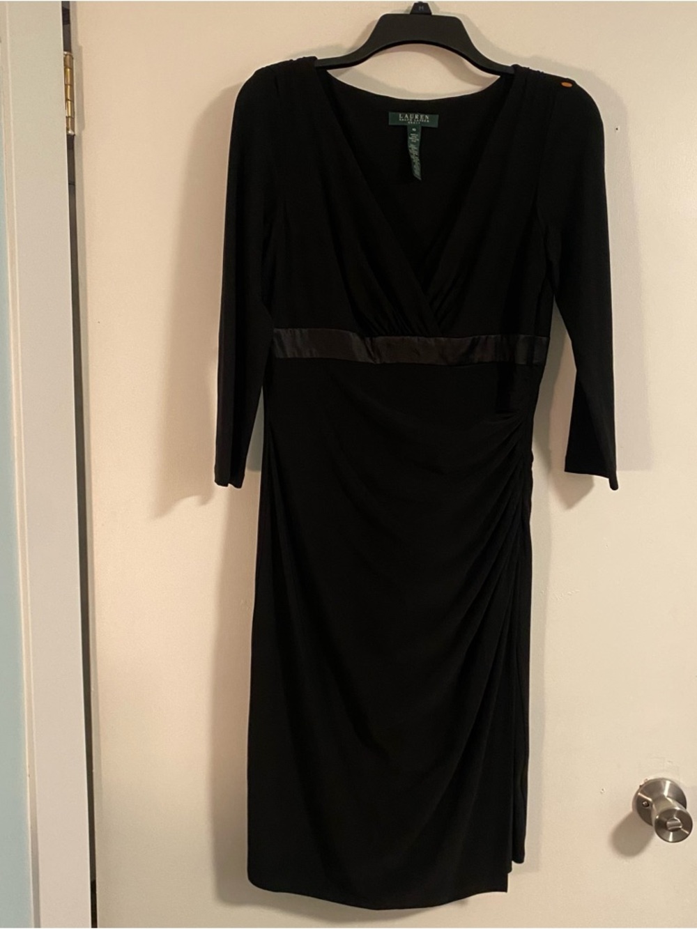 LAUREN RALPH LAUREN 3/4 Sleeve Faux Wrap Midi Dress Women’s 10 Black Formal Work